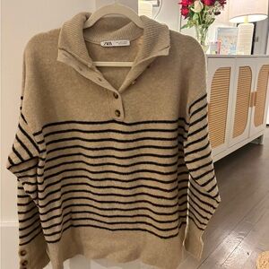 Zara Women's Beige and Black Striped Cowl Neck Sweater